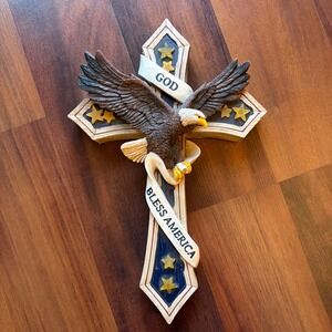 Patriotic Eagle Cross Wall Decor God Bless America Religious Home Accent